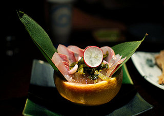 kampachi sashimi with grapefruit and yuzu flavored jelly