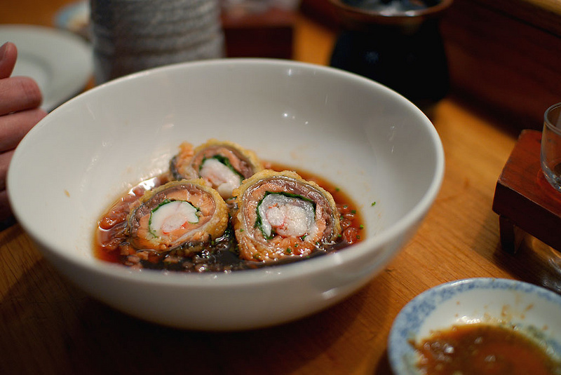 kani-hirame-salmon roll, in sweet and sour sauce with diced tomatoes