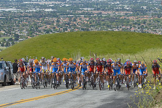 main peloton stretched out across the road